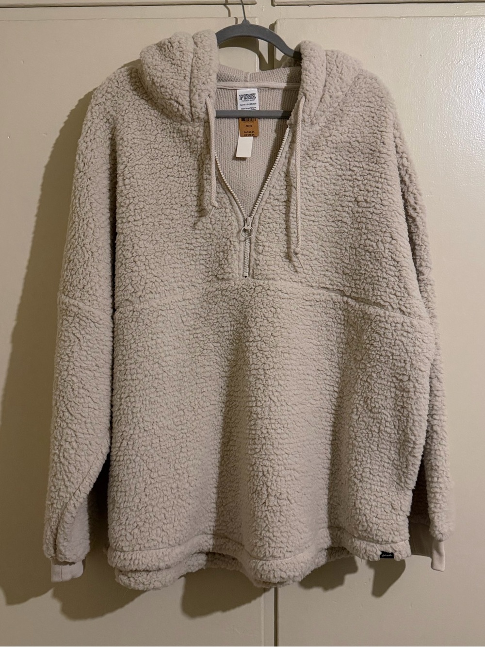 New PINK brand XL Cozy Sherpa Half-Zip Hoodie Sweater - Cream